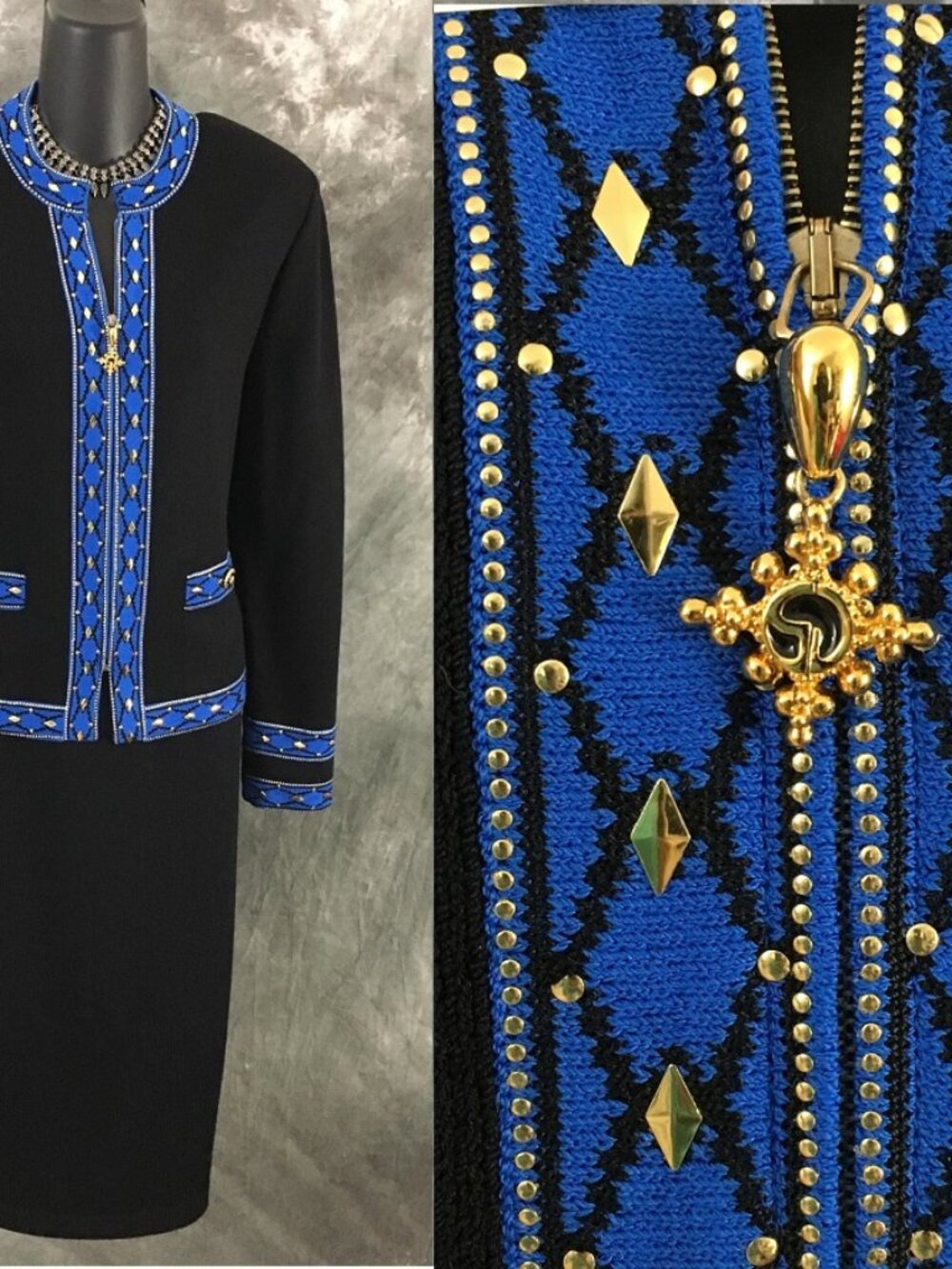 BEAUTIFUL St John collection knit blue black jacket skirt suit size S 8